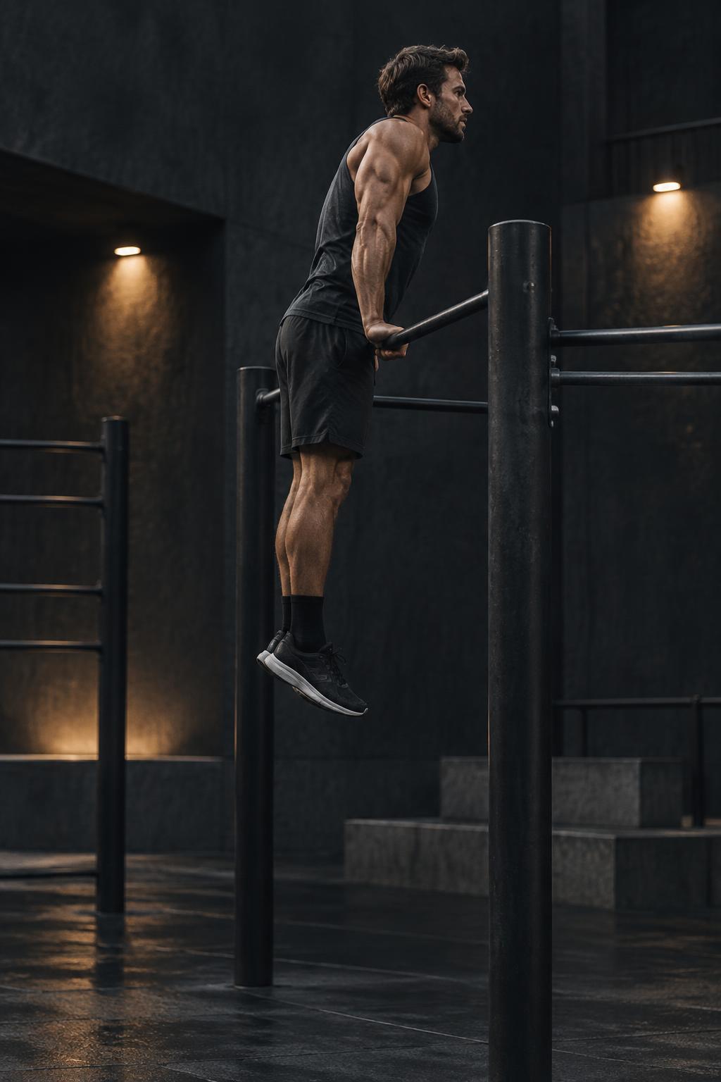 Athlete at the top of a bar muscle-up